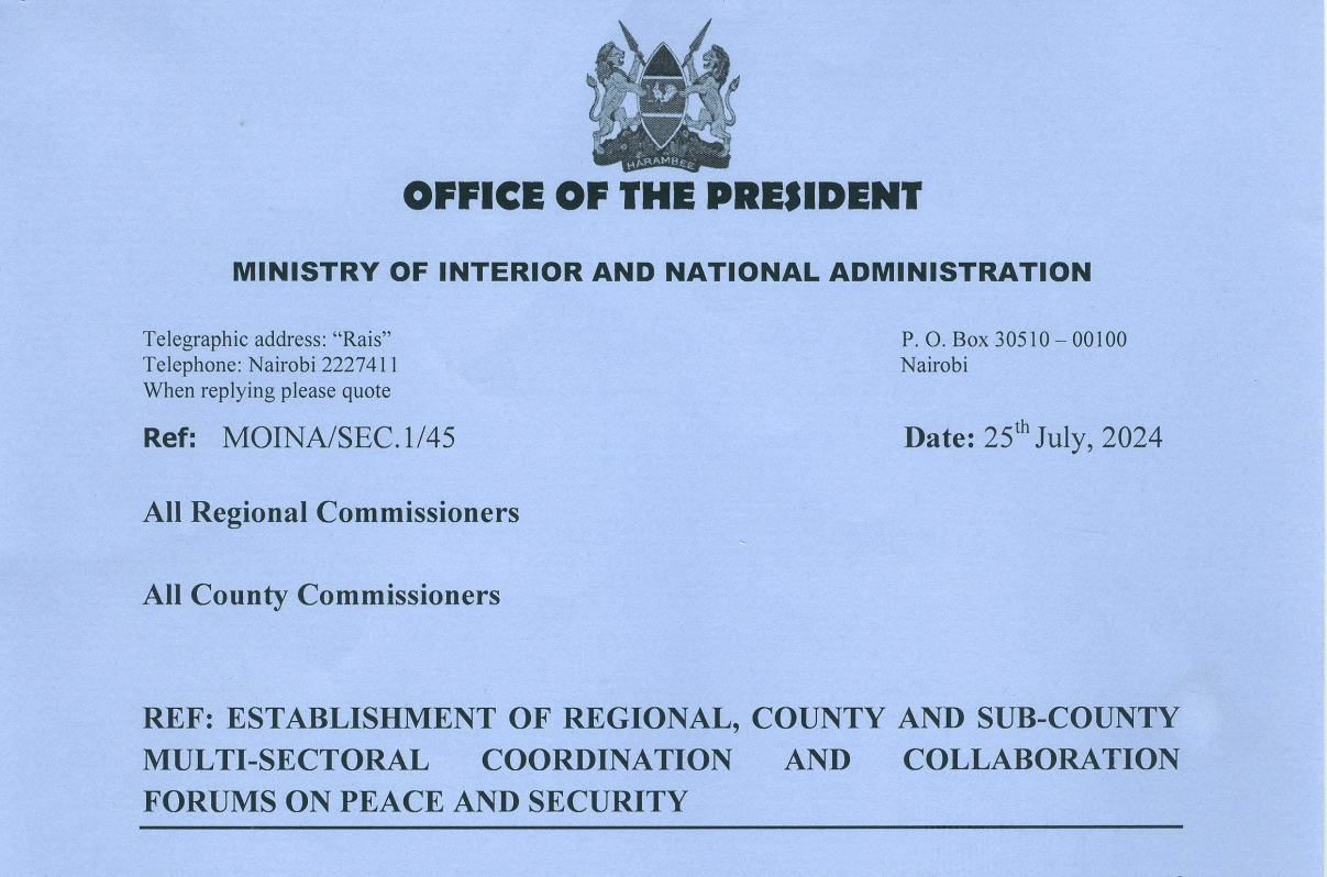 CIRCULAR Establishment Of Multi Sectoral Coordination And Collaboration Forums On Peace And Security In Kenya 2024